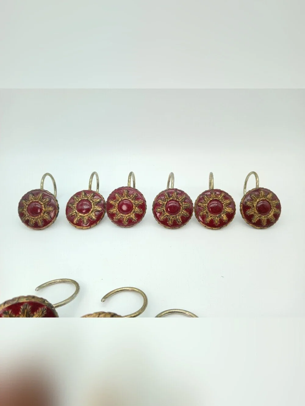 Vintage-Inspired Red and Gold Victorian Shower Rings - Set of 11 (One Missing)